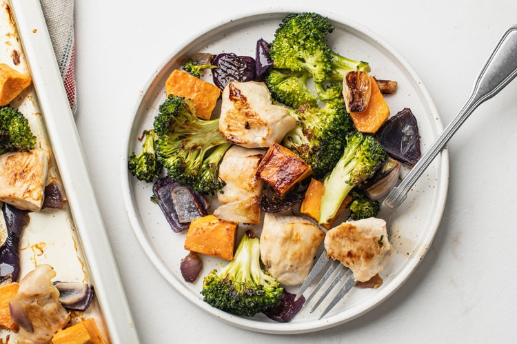 One-Pan Broccoli, Sweet Potato, and Chicken Dinner